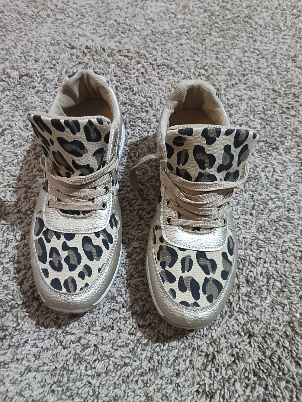 Women’s Leopard-Print High Top Sneakers in Gold and Beige Size 8